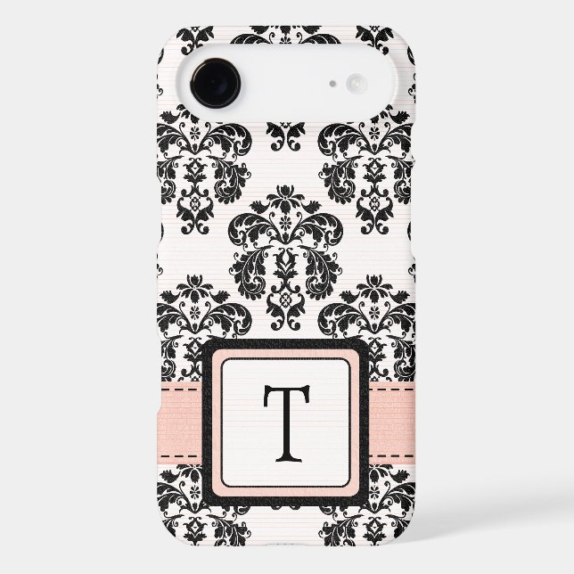 Monogrammed Pink Black Damask iPhone 4 Case Cover (Back)