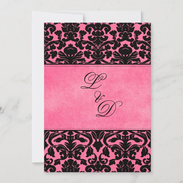 Monogrammed Pink, Black Damask Wedding Invitation (Front)