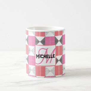 Monogrammed Pink & Black Modern Geometric Coffee Mug