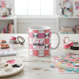 Monogrammed Pink & Black Modern Geometric Coffee Mug