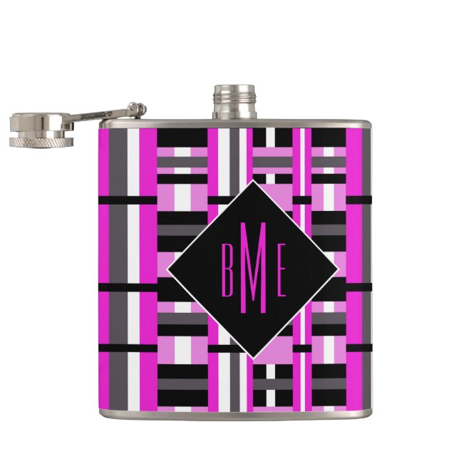 Monogrammed Pink & Black Plaid Hip Flask (Opened)