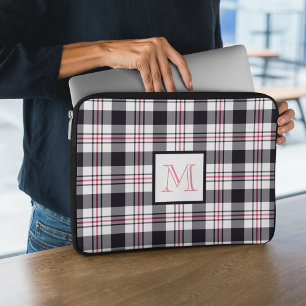 Monogrammed Pink Black Plaid Pattern Laptop Sleeve