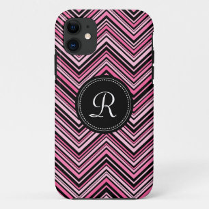 Monogrammed Pink Black Tribal Chevron Pattern iPhone 11 Case