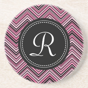 Monogrammed Pink Black Tribal Chevron Pattern Coaster