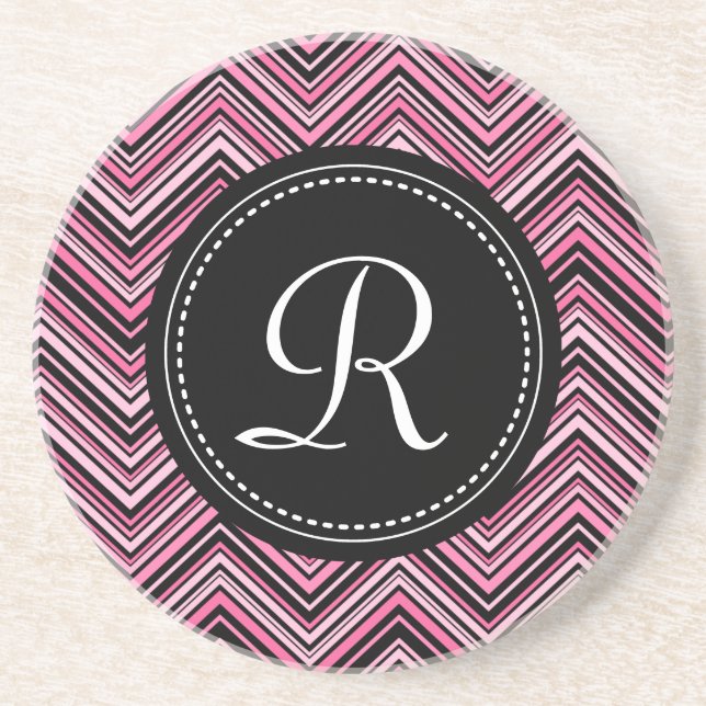 Monogrammed Pink Black Tribal Chevron Pattern Coaster (Front)