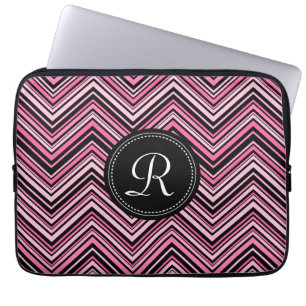 Monogrammed Pink Black Tribal Chevron Pattern Laptop Sleeve
