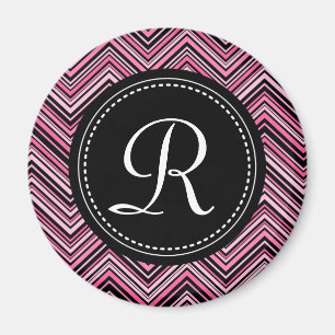 Monogrammed Pink Black Tribal Chevron Pattern Magnet
