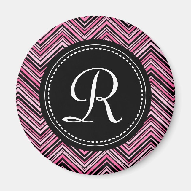 Monogrammed Pink Black Tribal Chevron Pattern Magnet (Front)