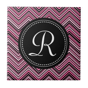 Monogrammed Pink Black Tribal Chevron Pattern Tile