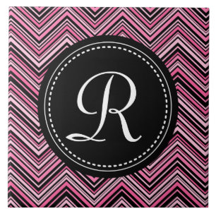 Monogrammed Pink Black Tribal Chevron Pattern Tile