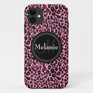 Monogrammed Pink Black White Leopard Pattern iPhone 11 Case