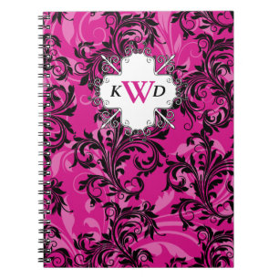 Monogrammed Pink Black White Scrolls Notebook