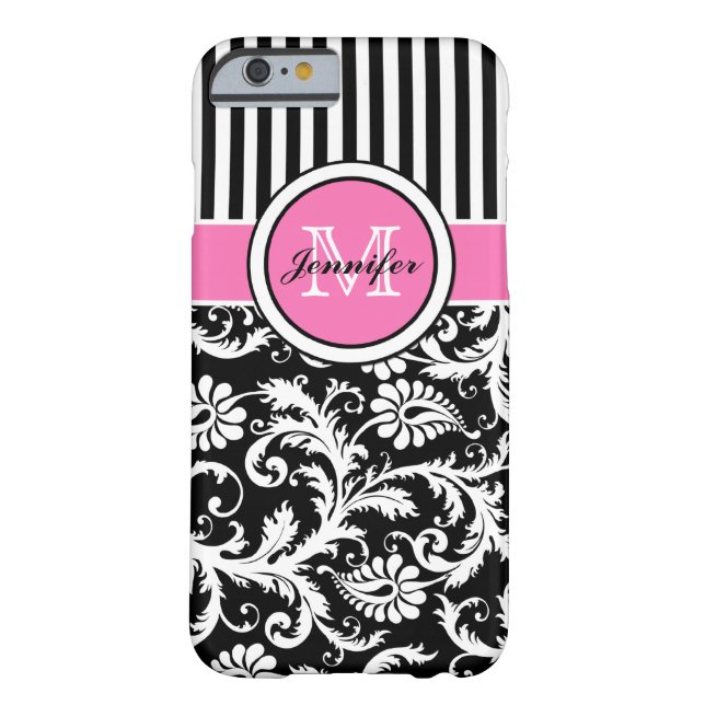 Monogrammed Pink, Black, White Striped Damask Case-Mate iPhone Case (Back)