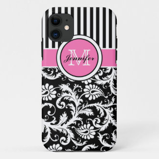 Monogrammed Pink, Black, White Striped Damask iPhone 11 Case