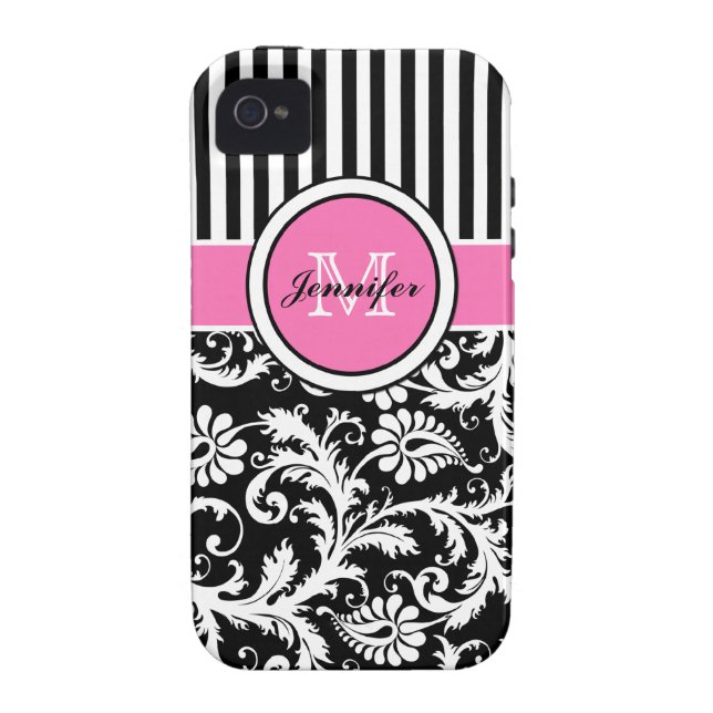 Monogrammed Pink, Black, White Striped Damask Case-Mate iPhone Case (Back)