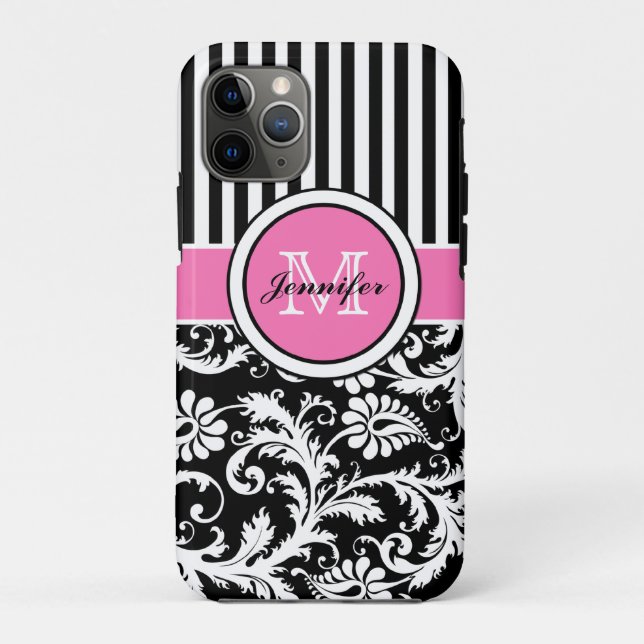 Monogrammed Pink, Black, White Striped Damask Case-Mate iPhone Case (Back)