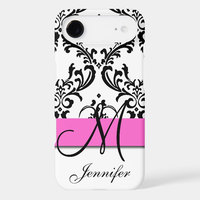Monogrammed Pink Black White Swirls Damask Case-Mate iPhone Case (Back)