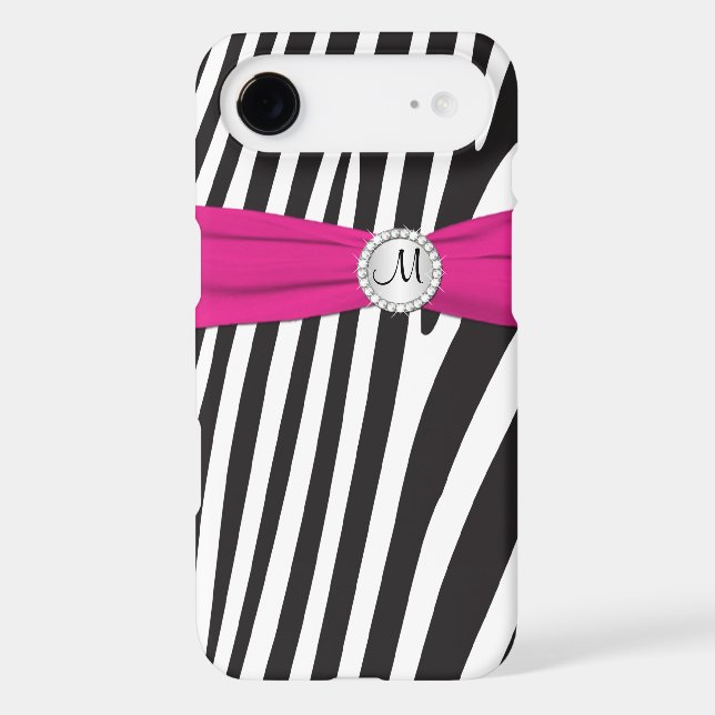 Monogrammed Pink, Black, White Zebra Striped Case-Mate iPhone Case (Back)