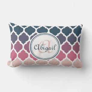 Monogrammed Pink Blue Moroccan Lattice Pattern Lumbar Cushion