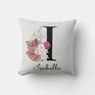 Monogrammed Pink Boho Floral Initial I Cushion
