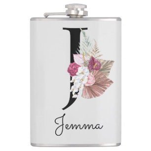 Monogrammed Pink Boho Floral Initial J Hip Flask