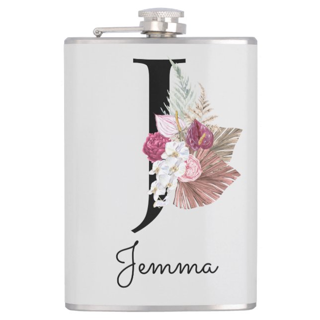 Monogrammed Pink Boho Floral Initial J Hip Flask (Front)