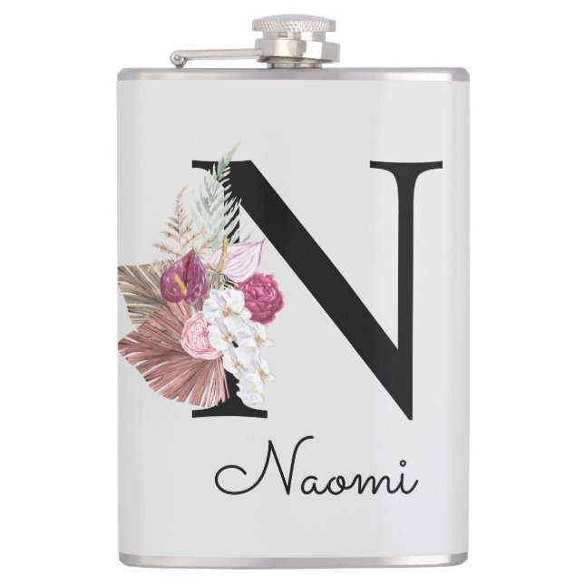 Monogrammed Pink Boho Floral Initial N Hip Flask (Front)