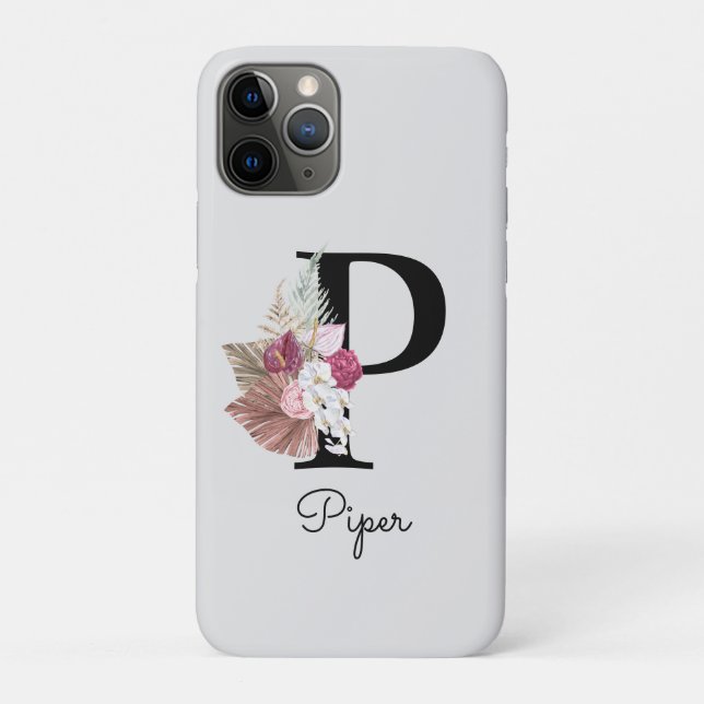 Monogrammed Pink Boho Floral Initial P Case-Mate iPhone Case (Back)