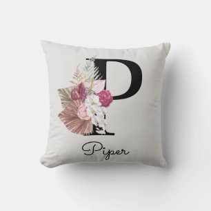 Monogrammed Pink Boho Floral Initial P Cushion