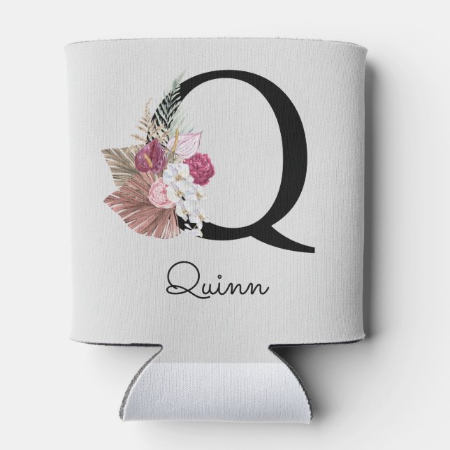 Monogrammed Pink Boho Floral Initial Q Can Cooler (Back)