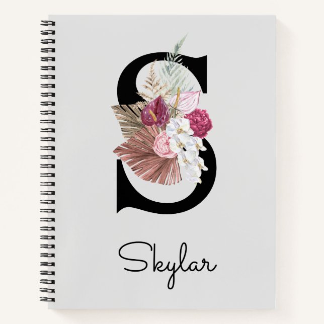 Monogrammed Pink Boho Floral Initial S Notebook (Front)