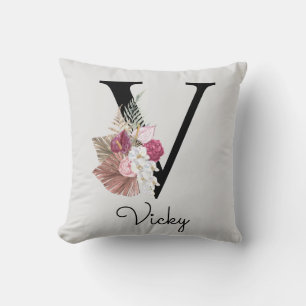 Monogrammed Pink Boho Floral Initial V Cushion