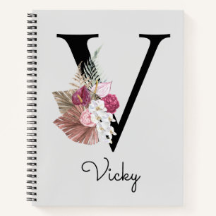 Monogrammed Pink Boho Floral Initial V Notebook