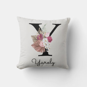 Monogrammed Pink Boho Floral Initial Y Cushion
