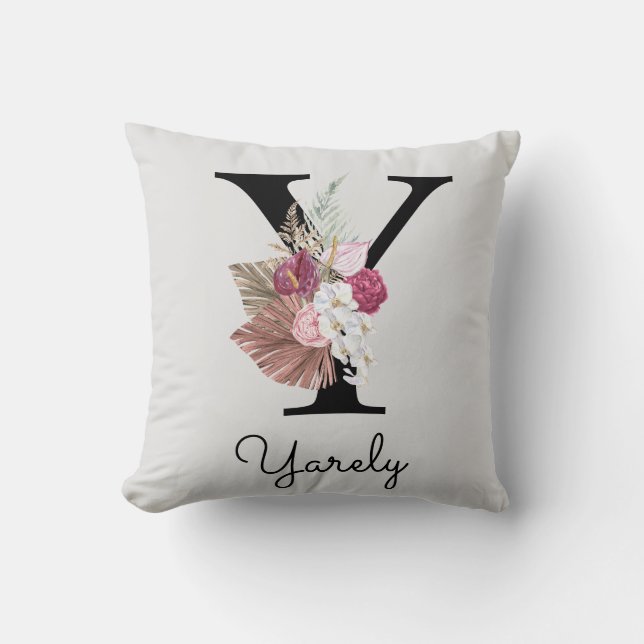 Monogrammed Pink Boho Floral Initial Y Cushion (Front)