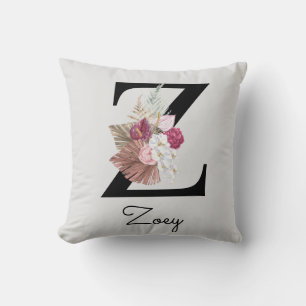 Monogrammed Pink Boho Floral Initial Z Cushion