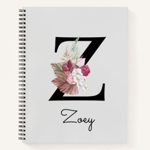 Monogrammed Pink Boho Floral Initial Z Notebook
