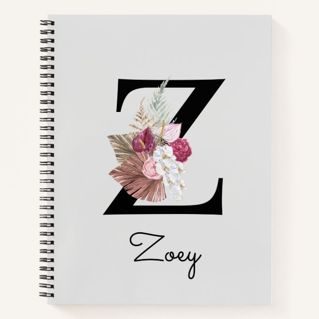 Monogrammed Pink Boho Floral Initial Z Notebook (Front)