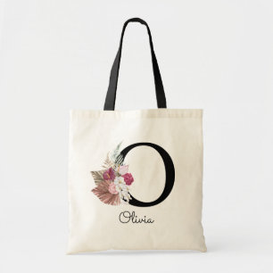 Monogrammed Pink Boho Girly Floral Initial O Tote Bag