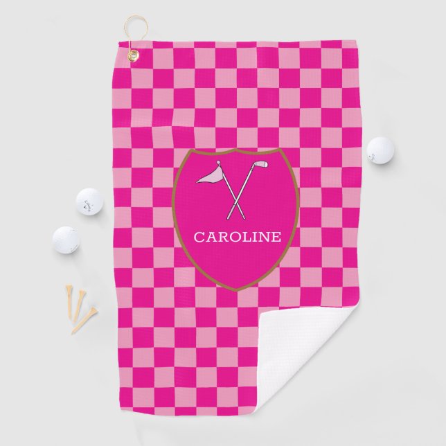 Monogrammed Pink Checks & golf club & flag Golf To Golf Towel (InSitu)