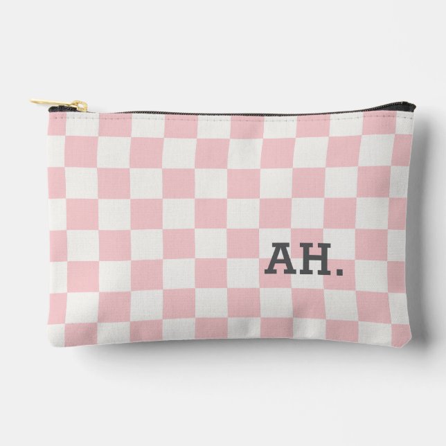 Monogrammed Pink Chequerboard Accessory Pouch (Front)