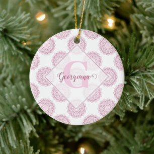 Monogrammed Pink Confetti Lace Polka Dot Mandala Ceramic Ornament