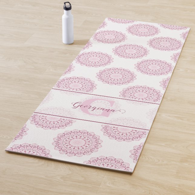 Monogrammed Pink Confetti Lace Polka Dot Mandala Yoga Mat (In Situ)