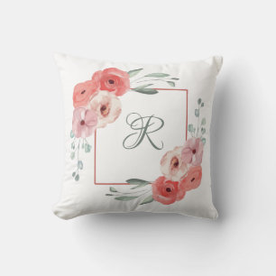 Monogrammed Pink Coral and White Green Floral Cushion