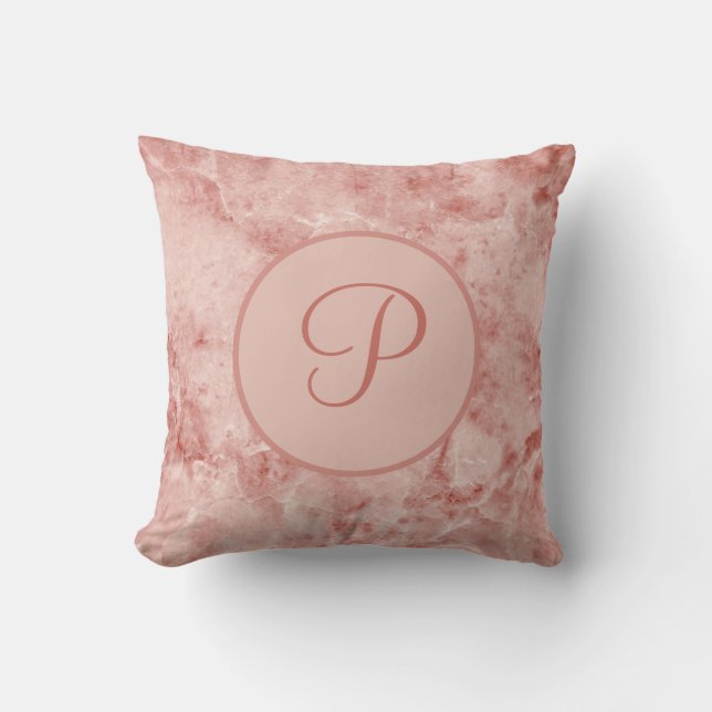 Monogrammed Pink Coral and White Marble Cushion (Front)