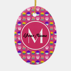 Monogrammed Pink Cupcakes, Personalised Name Ceramic Ornament