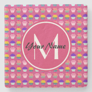 Monogrammed Pink Cupcakes, Personalised Name Stone Coaster