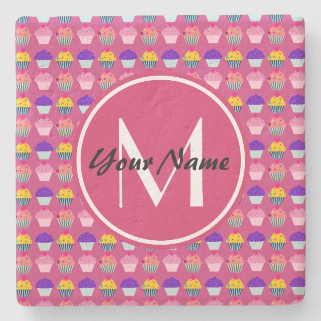 Monogrammed Pink Cupcakes, Personalised Name Stone Coaster (Front)