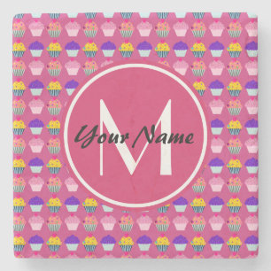 Monogrammed Pink Cupcakes, Personalised Name Stone Coaster
