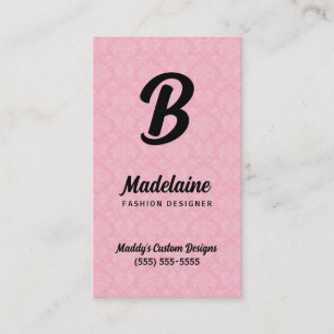Monogrammed Pink Damask and Black Business Card